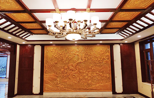 龙岩中式别墅客厅中式木作横梁吊顶装饰展示
